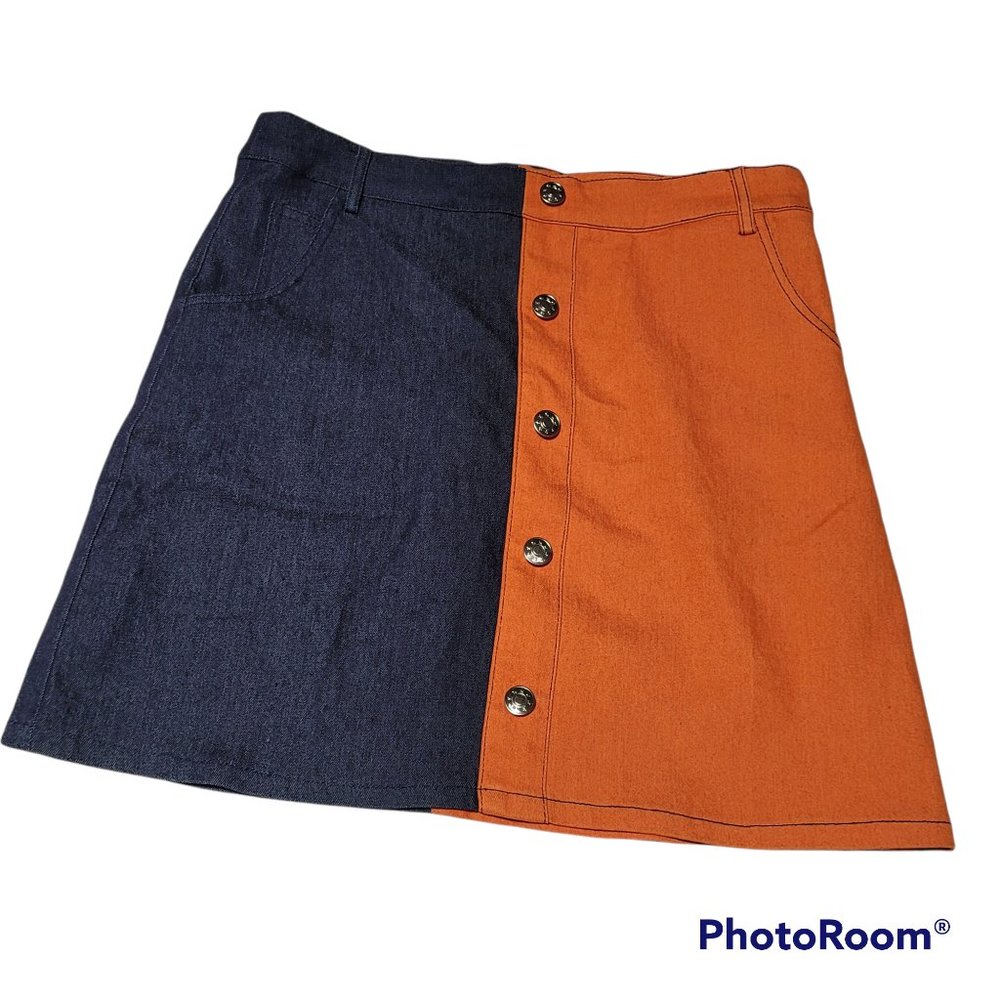 Colorblock Navy and Orange Button-Front Mini Skirt